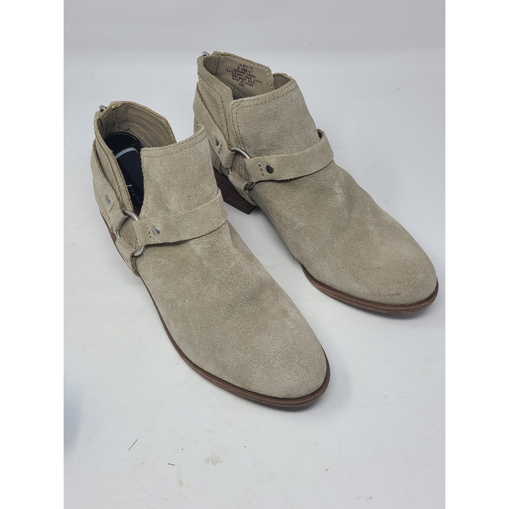 Lucky Brand Boltin Dune Beige Suede Harness Ankle Boots Back Zip Block Heel 9.5